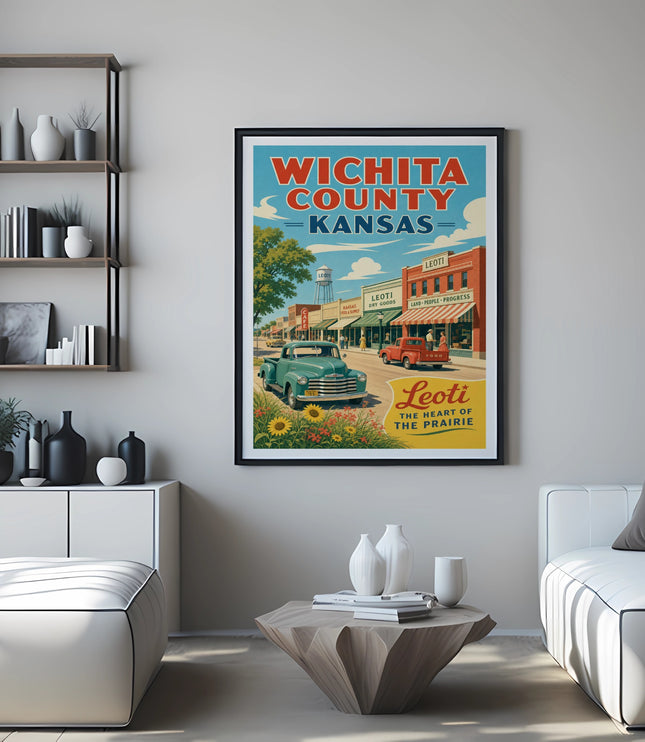 Vintage travel poster for Wichita County, Kansas, featuring Leoti and a classic car.