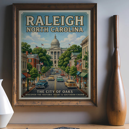 Raleigh North Carolina vintage travel poster depicting capitol building and vintage cars.