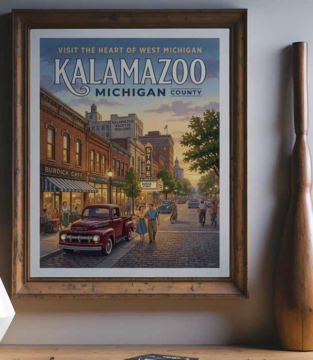 Vintage poster of Kalamazoo, Michigan with a diner, classic car, and people walking.