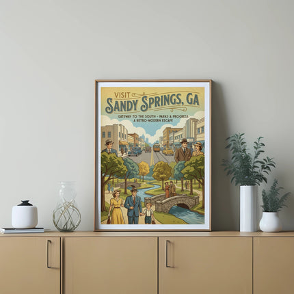 Sandy Springs, GA vintage travel poster with cityscape and park scene.