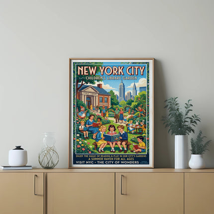 New York City Children's Library Garden poster with children reading.