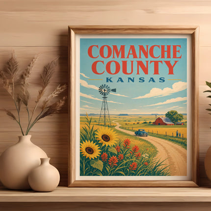 Vintage "Comanche County Kansas" poster featuring sunflowers, a windmill, and a barn.
