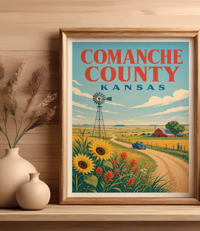 Vintage "Comanche County Kansas" poster featuring sunflowers, a windmill, and a barn.