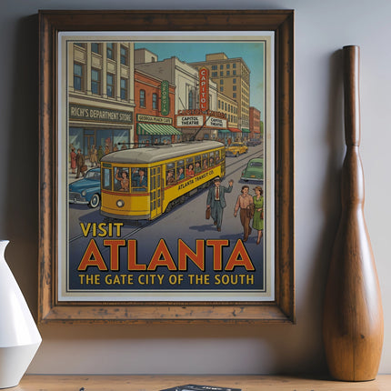 Vintage "Visit Atlanta, The Gate City of the South" poster with streetcar.