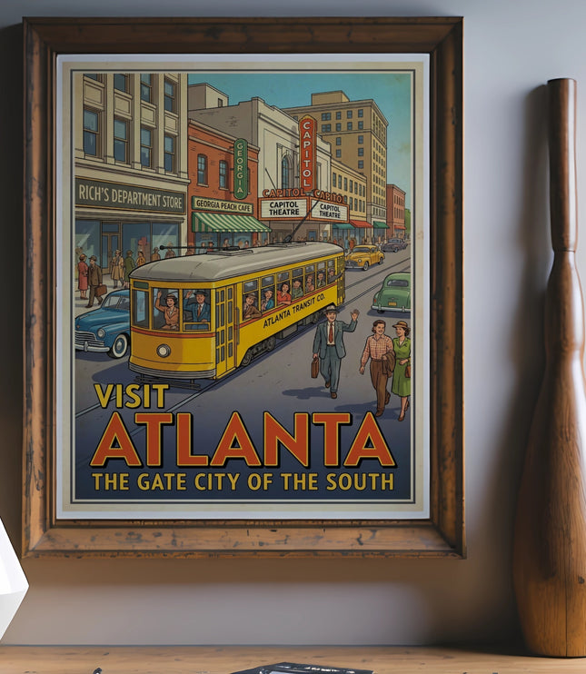 Vintage "Visit Atlanta, The Gate City of the South" poster with streetcar.