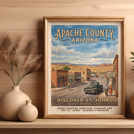 Vintage poster of Apache County, Arizona featuring a street scene and text.
