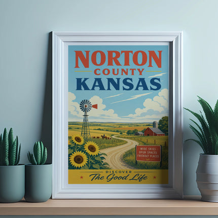 Vintage "Norton County Kansas" travel poster with farm scene.