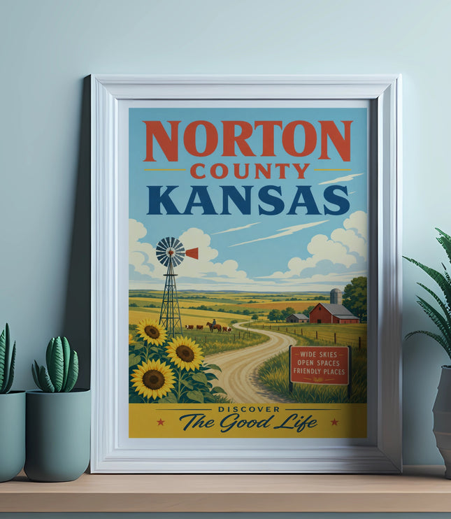 Vintage "Norton County Kansas" travel poster with farm scene.