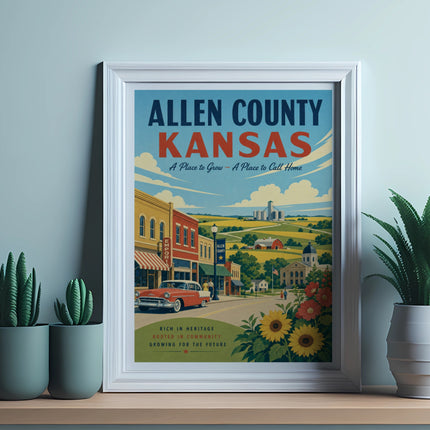 Vintage poster for Allen County, Kansas, showing a small town scene and text.