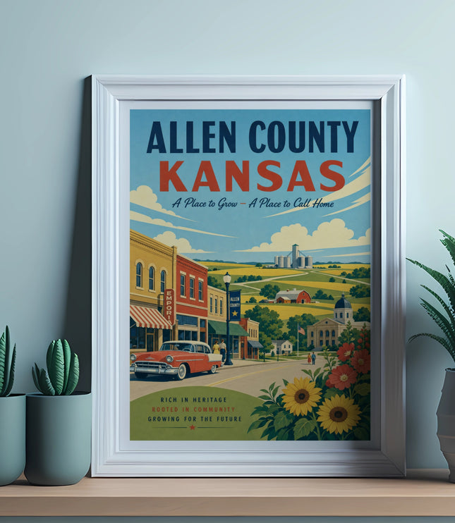 Vintage poster for Allen County, Kansas, showing a small town scene and text.