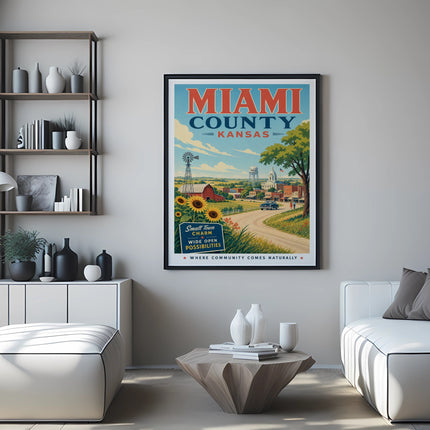 Miami County Kansas travel poster with small town charm illustration.