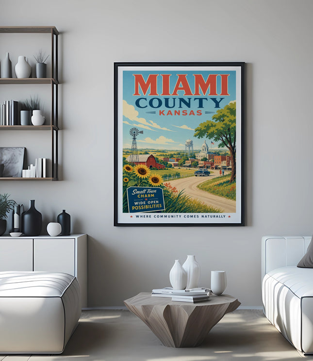 Miami County Kansas travel poster with small town charm illustration.