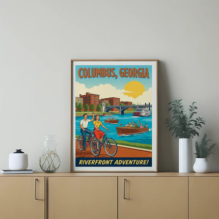 Vintage poster of Columbus, Georgia with people cycling and a boat on the river.