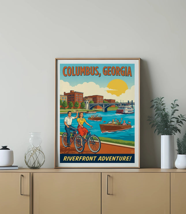 Vintage poster of Columbus, Georgia with people cycling and a boat on the river.