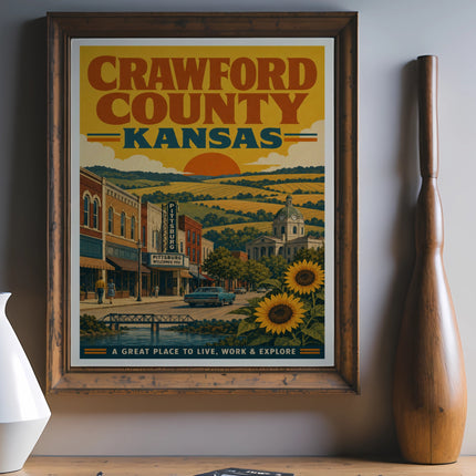 Crawford County Kansas vintage poster with "Pittsburg Welcomes You."