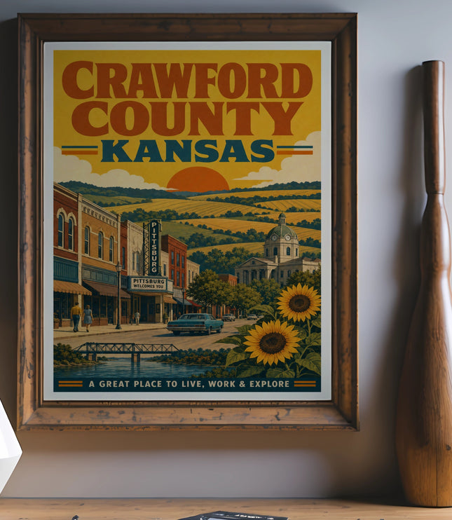 Crawford County Kansas vintage poster with "Pittsburg Welcomes You."