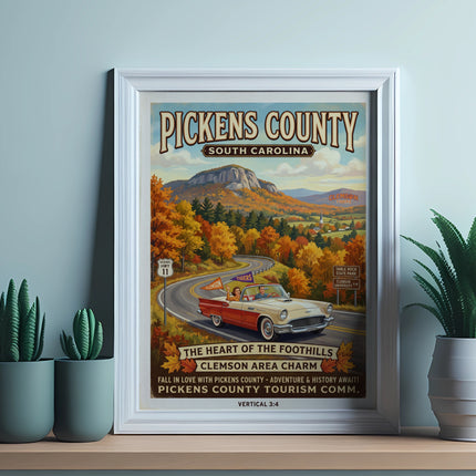 Retro travel poster for Pickens County, South Carolina, with a classic car driving through autumn scenery.