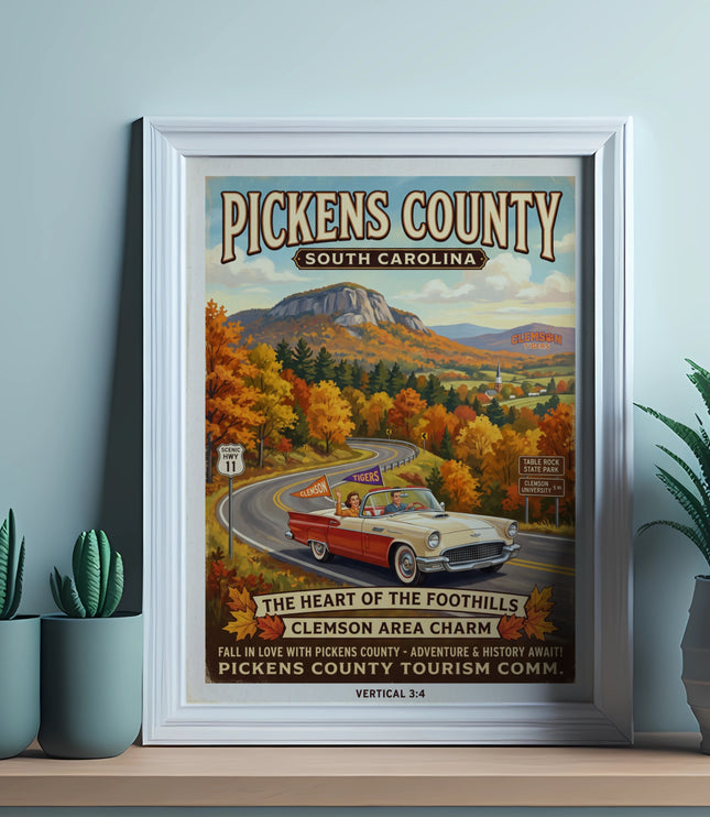 Retro travel poster for Pickens County, South Carolina, with a classic car driving through autumn scenery.