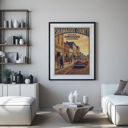 Framed vintage poster for Shiawassee County, Historic Owosso Downtown, with illustration.