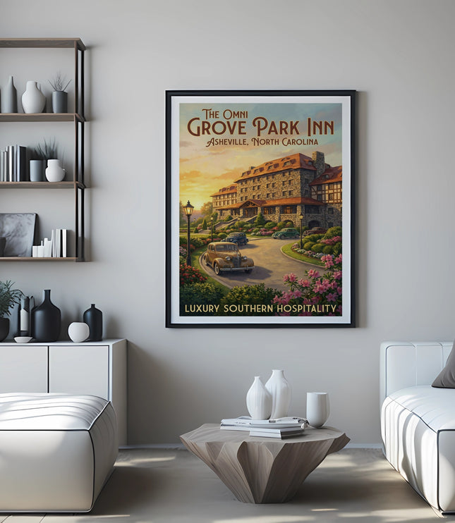 Poster of Omni Grove Park Inn, Asheville, North Carolina, featuring vintage cars, with text "Luxury Southern Hospitality".