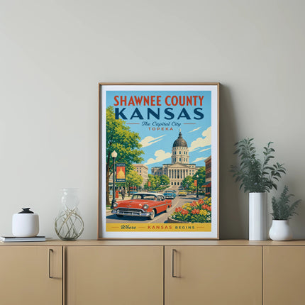 Shawnee County, Kansas, Topeka Capitol building with vintage car and cityscape.