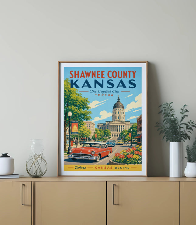 Shawnee County, Kansas, Topeka Capitol building with vintage car and cityscape.