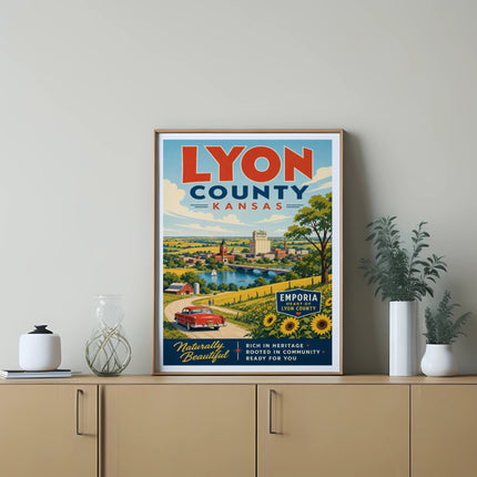 Lyon County, Kansas travel poster featuring a red car and a town.