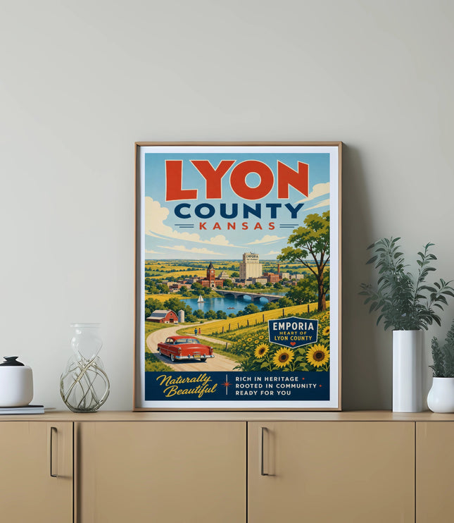 Lyon County, Kansas travel poster featuring a red car and a town.