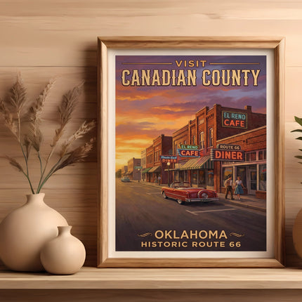 Canadian County poster featuring El Reno Cafe, Route 66 Diner, and a red car.