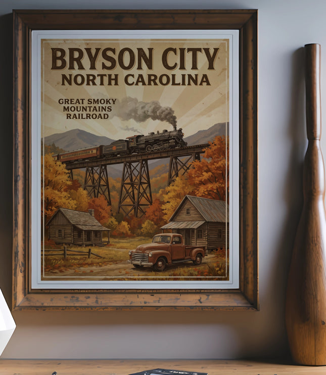 Vintage poster of Bryson City, North Carolina, featuring the Great Smoky Mountains Railroad.
