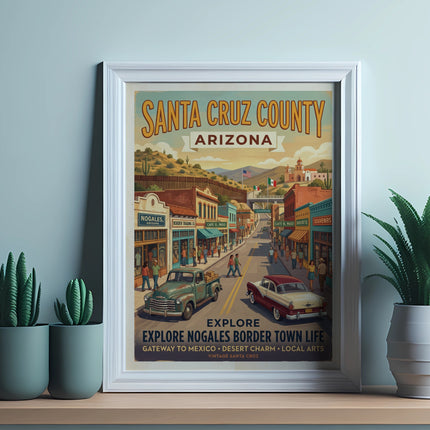Santa Cruz County Arizona vintage travel poster with text and desert town scene.