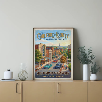 Vintage poster of Guilford County, North Carolina, featuring a downtown street scene and classic cars.
