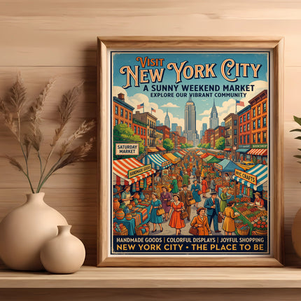 Vintage New York City market poster with colorful stalls and people.