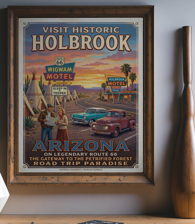 Vintage Route 66 Arizona poster for Holbrook, featuring Wigwam Motel.
