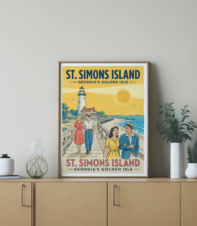 Vintage St. Simons Island poster featuring couples on a boardwalk near a lighthouse.
