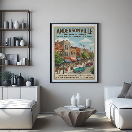 Poster of Andersonville, Chicago, with shops, vintage cars, and text.