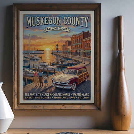 Vintage Muskegon County Michigan poster showing a family and car by a harbor at sunset.