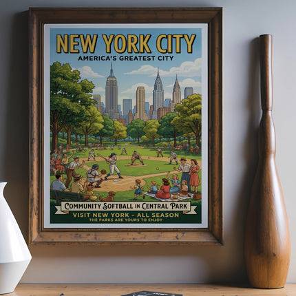 New York City community softball poster with skyline and park scene.