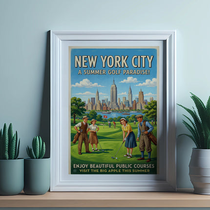 New York City golf poster with golfers, skyscrapers, and text "A SUMMER GOLF PARADISE!".