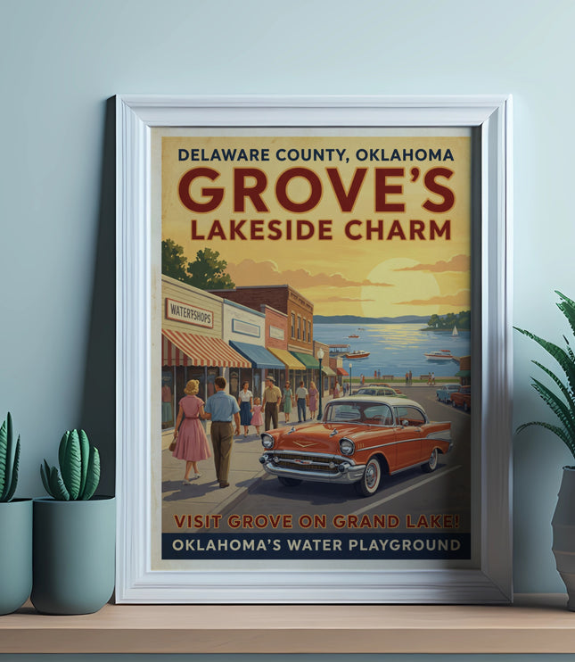 Delaware County, Oklahoma vintage travel poster "Grove's Lakeside Charm" showing a classic car.