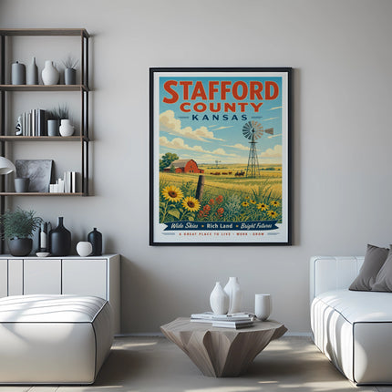 Stafford County Kansas vintage travel poster with windmill, barn, and text.