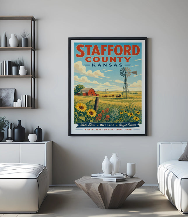 Stafford County Kansas vintage travel poster with windmill, barn, and text.