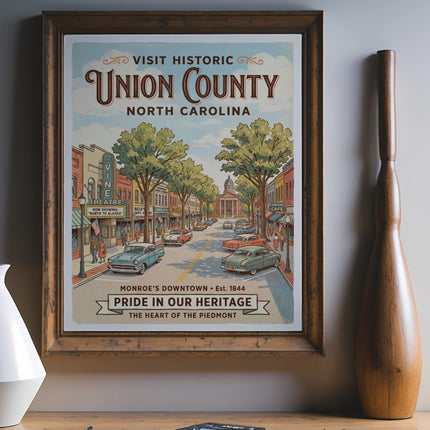 Vintage Union County, North Carolina poster depicting downtown Monroe and its heritage.