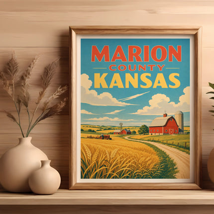 Marion County Kansas vintage travel poster art with farm scene.
