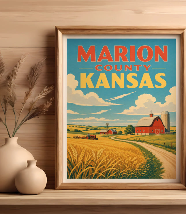 Marion County Kansas vintage travel poster art with farm scene.