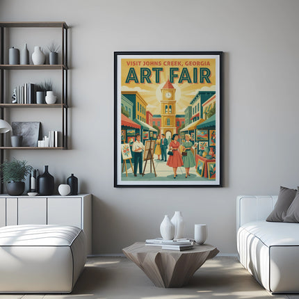 Art fair poster featuring Johns Creek, Georgia, and a clock tower.