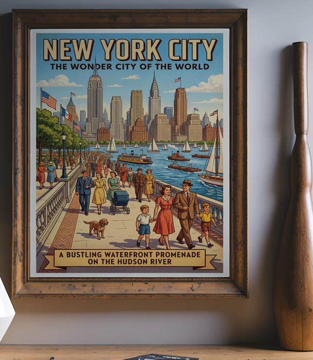 New York City vintage travel poster, "The Wonder City of the World" text.