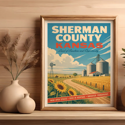Sherman County Kansas poster with silos, windmill, and sunflowers.
