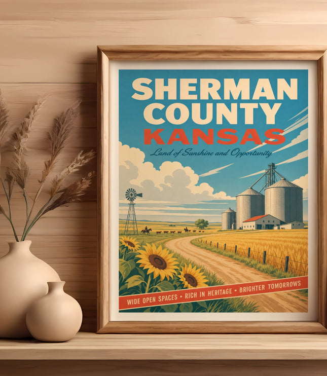 Sherman County Kansas poster with silos, windmill, and sunflowers.