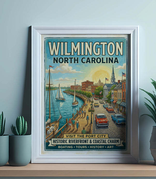 Retro style poster of Wilmington, North Carolina riverfront with boats, cars, and buildings.